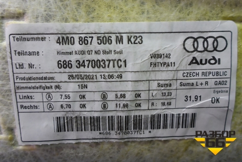 Обшивка потолка (4M0867506M) для Audi Q7 c 2015г (Ку 7)